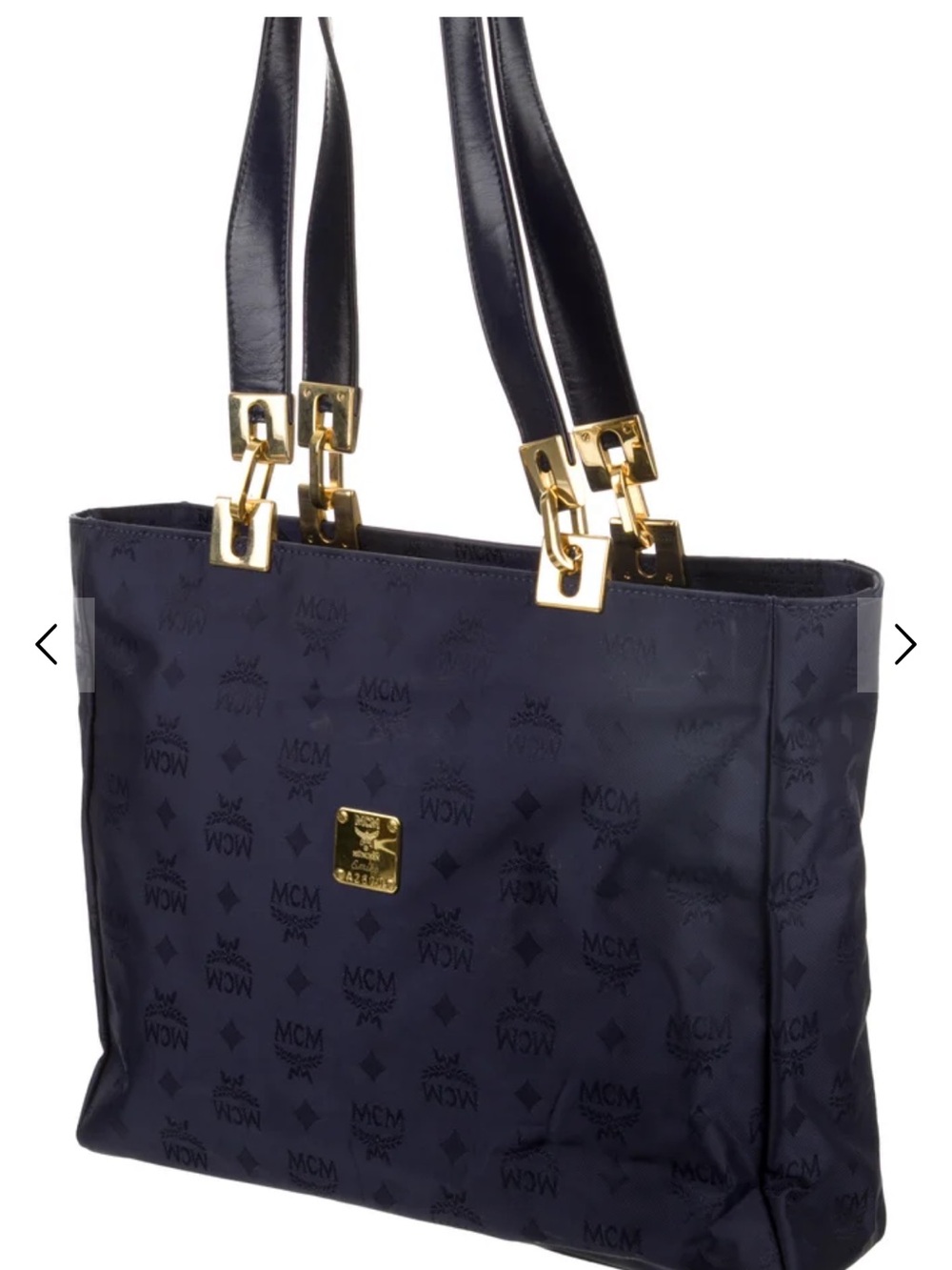 MCM Navy Logo Tote Bag with Gold Hardware